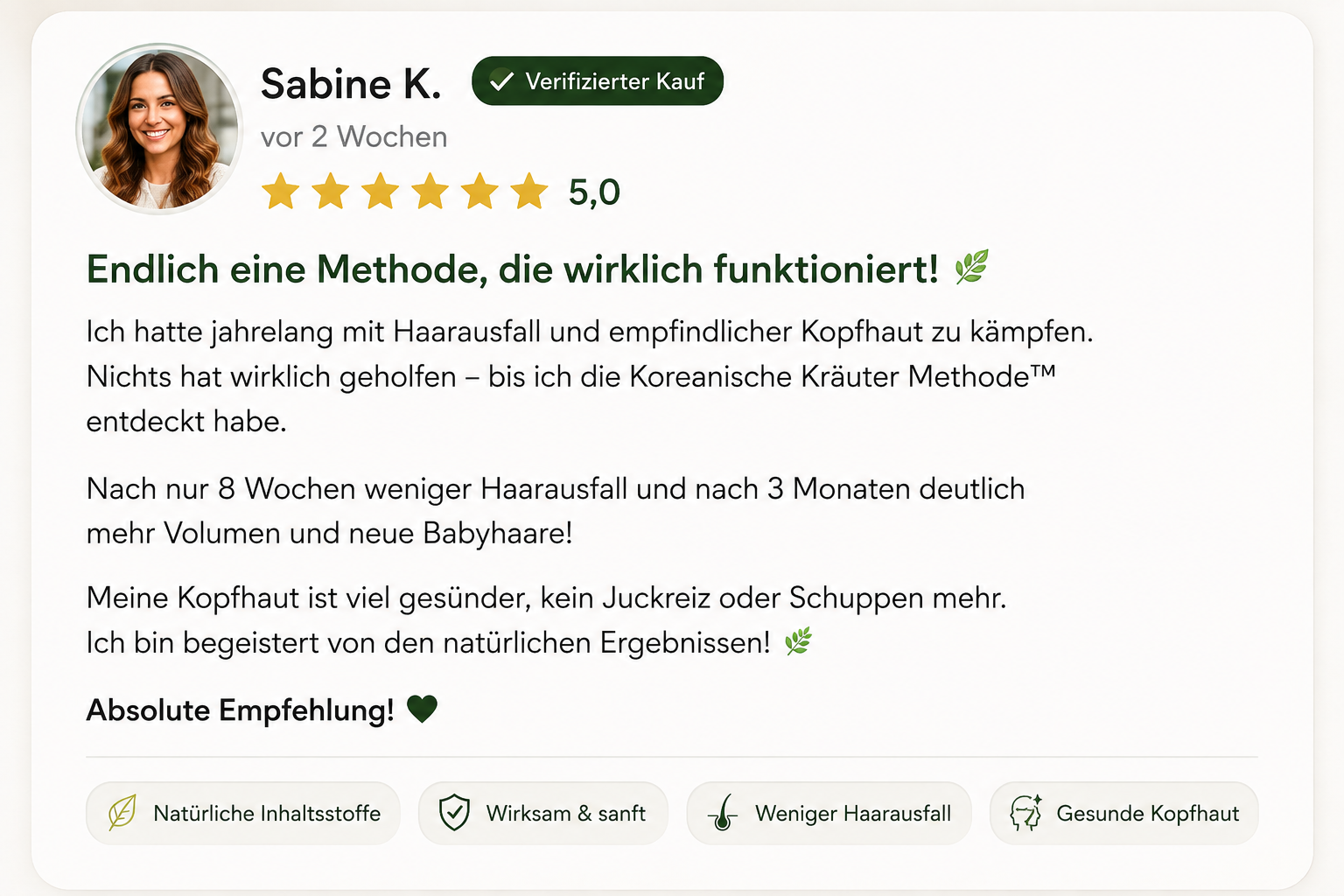Online Bewertung von Sabine K. mit 5 Sternen für die Koreanische Kräuter Methode